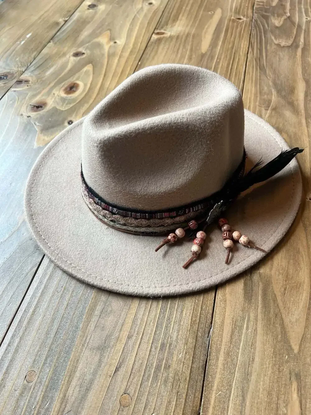 IN Designer Boho Style Tan Wide Brim Fedora Hat with Decorative Beaded Band and